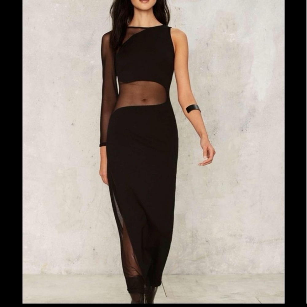 Nasty Gal Black On Your Side Mesh Fitted Maxi One Sleeve Dress